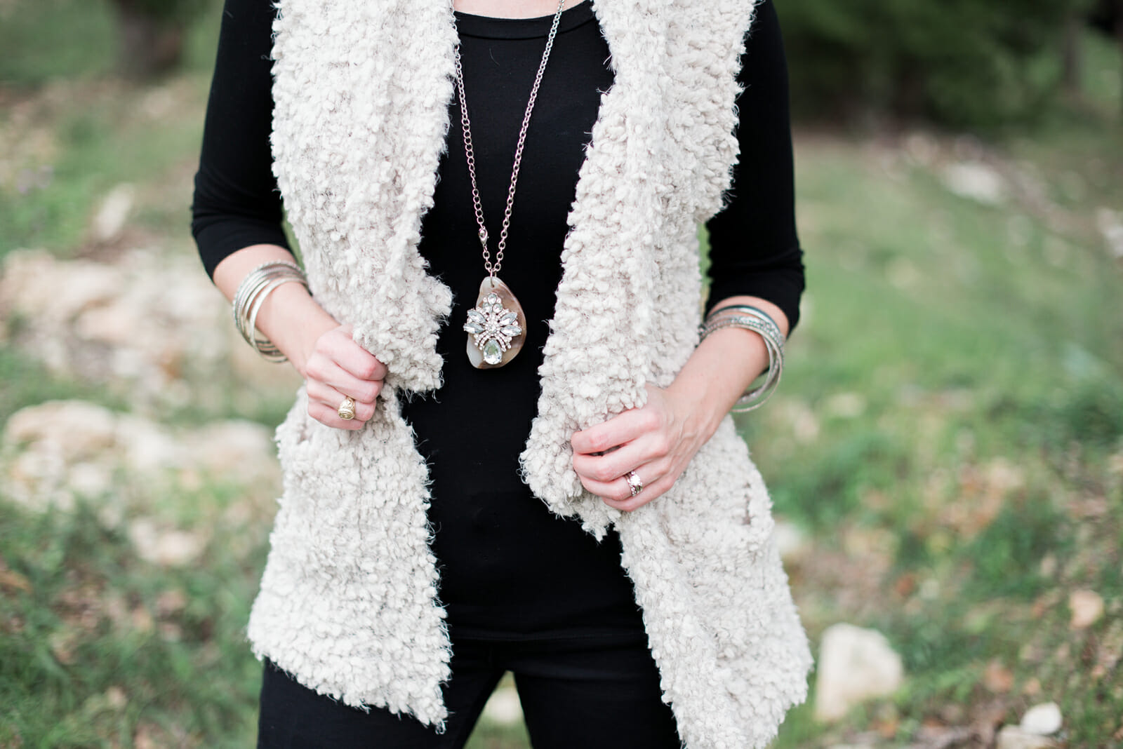 Faux fur vests are great style choices for fall and winter